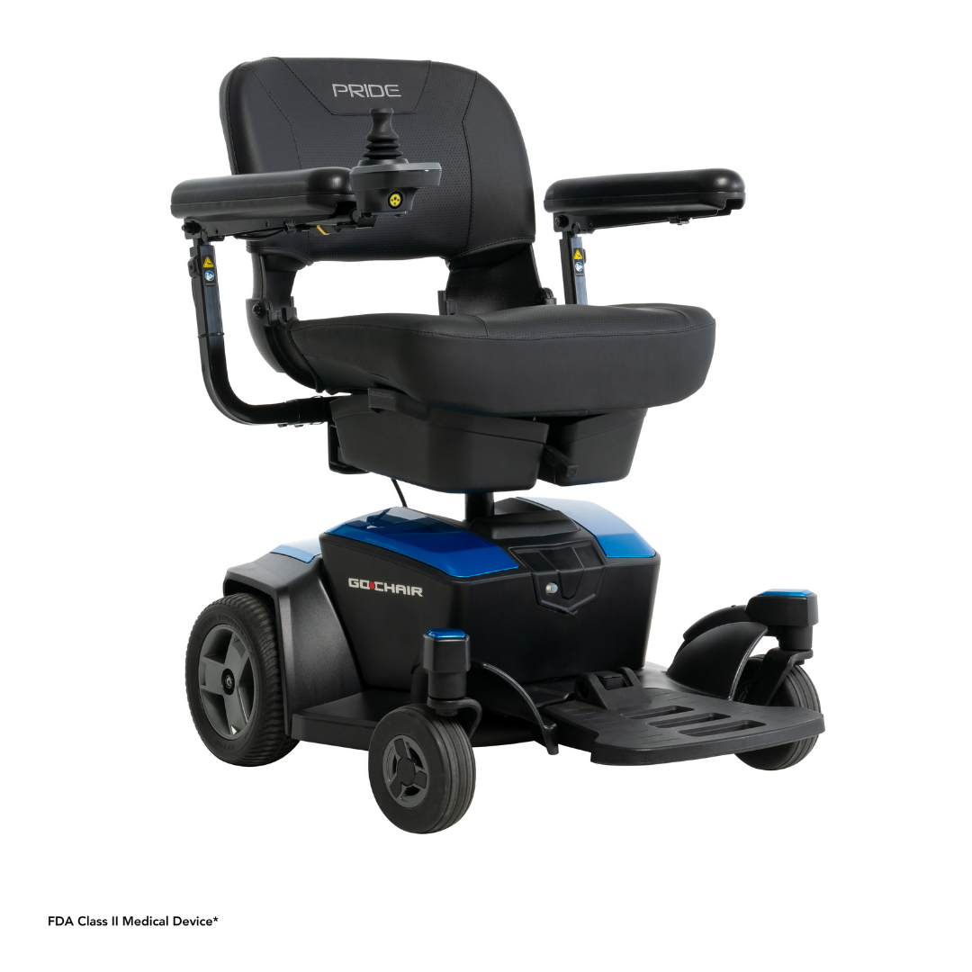 The Pride Mobility Go Chair® Portable Powerchair is a black and blue electric wheelchair with armrests, joystick control, padded compact foldable seat, footrest, and easy feather-touch disassembly for mobility assistance.